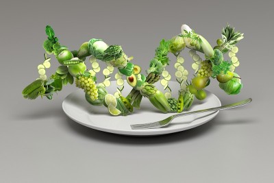 由新鲜水果和蔬菜制成的DNA链，为健康生活提供随时食用的营养基因学食品概念