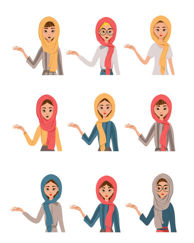 Woman face characters in a scarf on white backgrou