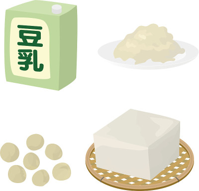 矢量插图的豆腐，大豆，豆浆，和秋葵。