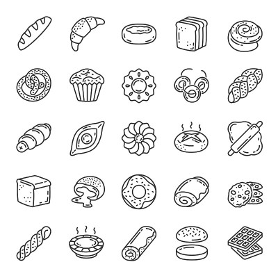 烘焙产品，图标集。烘焙糕点食品。线性图标。烤面包。可编辑的中风