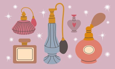 各种手绘玻璃瓶香水产品。