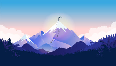 旗帜在山顶。雄伟的山与小径到山顶在一个美丽的风景