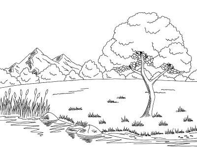 湖树图形黑白景观素描插图向量