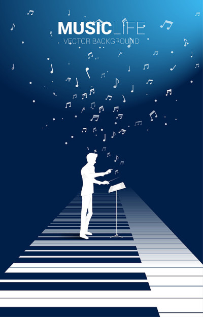 音乐指挥家站在钢琴键上，飞行的音符。
