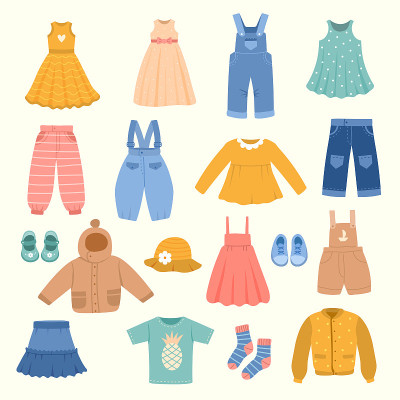 孩子们的衣服。现代休闲时尚时尚的纺织品裤子夹克衬衫毛衣儿童最近的矢量插图的风格