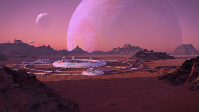 人类基地在外星球表面，外星球殖民地(3d空间插图)