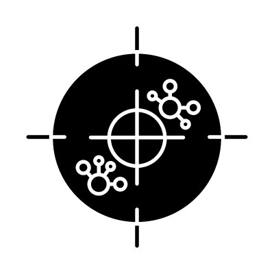 免疫疗法字形图标。白血病的测试。分子实验。细胞和抗体。免疫系统。医疗过程。医疗保健。轮廓的象征。负空