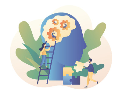 心理学。心理治疗实践，心理帮助，精神病医生咨询患者。心理学家在线。现代平面卡通风格。矢量插图上的白色