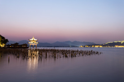 日落时分西湖全景水景