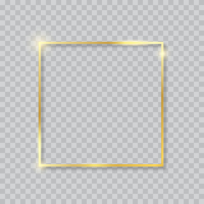 Gold shiny glowing vintage frame on transparent ba