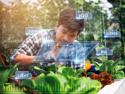 年轻聪明的亚洲农民在他的智能农场使用Ar,Vr,3d投影玻璃技术。