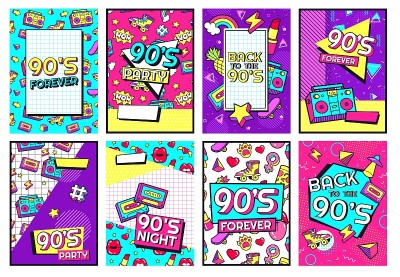 90年代的复古海报。永远的90年代，时髦的90年代音乐晚会海报和流行传单卡片向量集