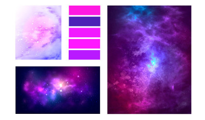 空间情绪板拼贴的矢量插图。紫色星系布局的介绍
