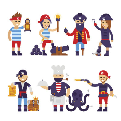 一组卡通海盗矢量平面插图。