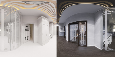 经典风格的3d插画大厅室内设计。渲染制作，无缝360度球面全景