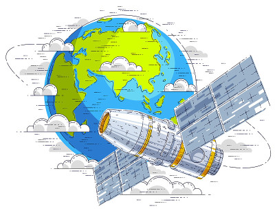 绕地球轨道飞行的空间站，装有太阳能电池板的宇宙飞船，人造卫星。细线三维矢量插图。