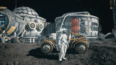 在太空月球基地，一名宇航员站在他的月球车旁边。月球表面和月球殖民地的观点。3 d渲染。