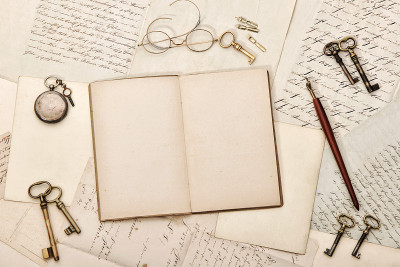 Open journal book writing items古董纸背景