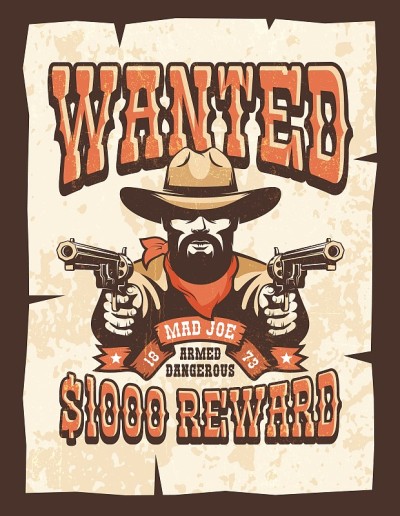 Wanted Bearded cowboy with guns vintage poster