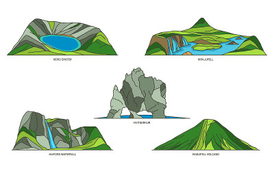 Iceland natural landmarks or travel landscape set