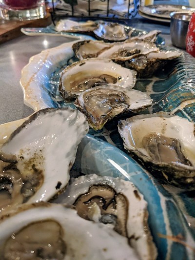 新鲜的牡蛎在她的一半