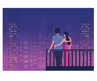 情侣站在阳台上的城市景观夜间矢量插图。
