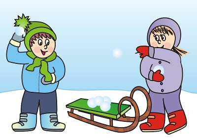 孩子们在山上，男孩和女孩带着雪橇，eps。