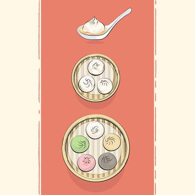 手绘汤包插图复古风格，汤包汤勺，汤包蒸笼。