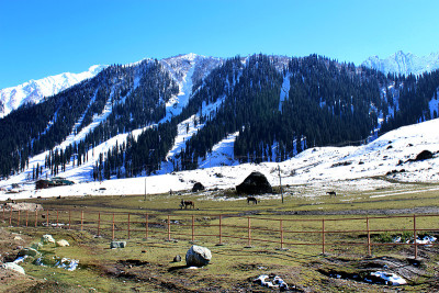 冬季雪山山谷在克什米尔，印度。