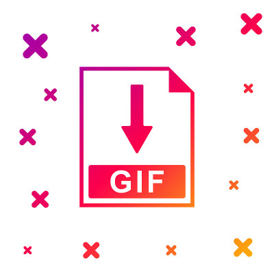 彩色GIF文件文档图标。下载GIF按钮图标孤立的白色背景。梯度随机动态形状。矢量图
