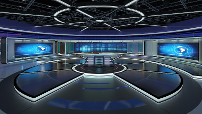 虚拟电视演播室新闻绿屏背景。3 d渲染。