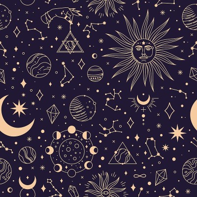 占星术与星座、行星和恒星的无缝模式。太空星系，星空纺织织物打印矢量背景