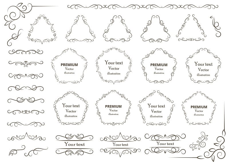 书法设计元素。装饰旋涡或卷轴，复古框架，花饰，标签和分隔。复古的矢量图