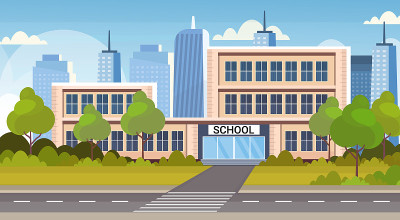 学校建筑外部道路人行横道回归学校概念，城市景观背景平展水平