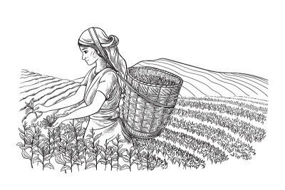 穿着传统服装的妇女收集茶叶
