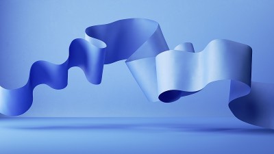 3d渲染，抽象蓝色时尚背景与折叠缎带，纸滚动宏