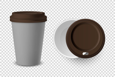 向量3d现实灰色一次性关闭和打开纸，塑料咖啡杯饮料与棕色盖设置特写孤立在透明背景。设计模板模型。顶视