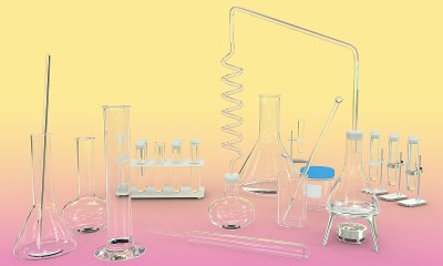物体的三维说明-实验室试管与各种化学玻璃器皿空在黄色-粉红色梯度背景-研究概念背景