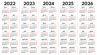 2022 2023 2024 2025 2026西班牙月历网格，矢量模板