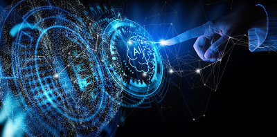 VR和AR概念。商务手使用数字人工智能接口的新型现代计算机。