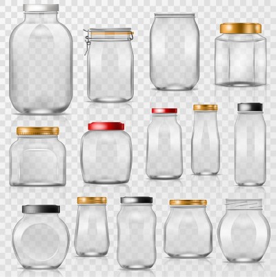 玻璃罐向量空梅森玻璃器皿盖或盖罐装和保存插图玻璃容器或杯玻璃隔离在透明的背景