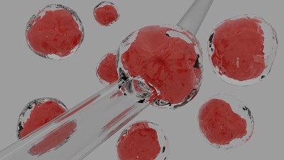 人类干细胞经纳米针抽吸后提取基因组，用于免疫治疗、研究和癌症治疗。在白色背景上浮动单元格。