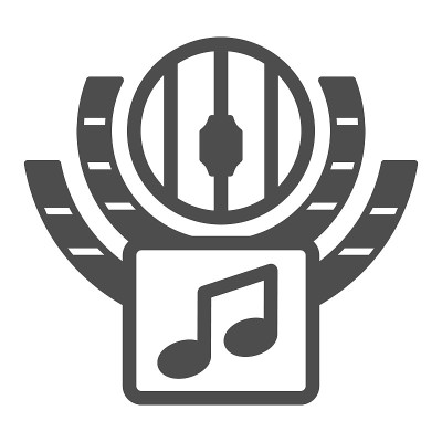 音乐音量水平和八分音符固体图标，声音设计概念，音量控制矢量标志在白色背景上，字形风格图标的移动概念和