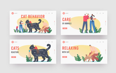 猫行为登陆页面模板集。梯子上的小字符照顾巨大的猫与身体上的信息图