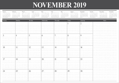 2019年11月台历矢量插图
