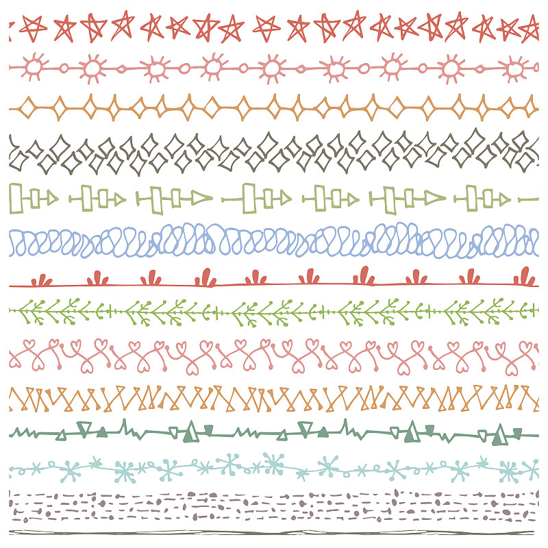 手绘无缝线条边框集。彩色装饰