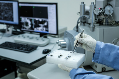 科学家是制备纳米材料的扫描电子显微镜(SEM)机和模糊计算机控制器背景在实验室