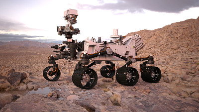 火星漫游者，机器人空间自动车辆在一个荒芜的星球上与水，3D插图