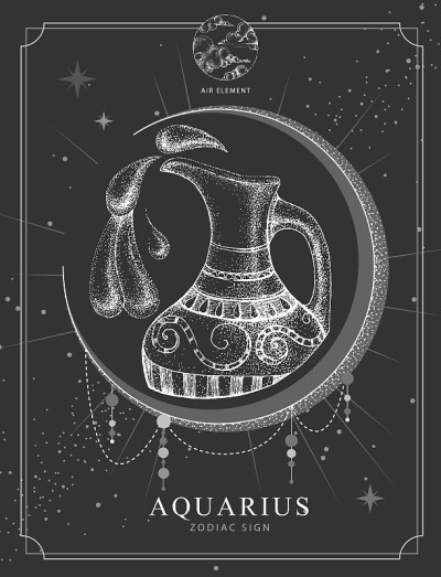 现代魔法魔法卡带有宝瓶座生肖。逼真的手绘水壶插图