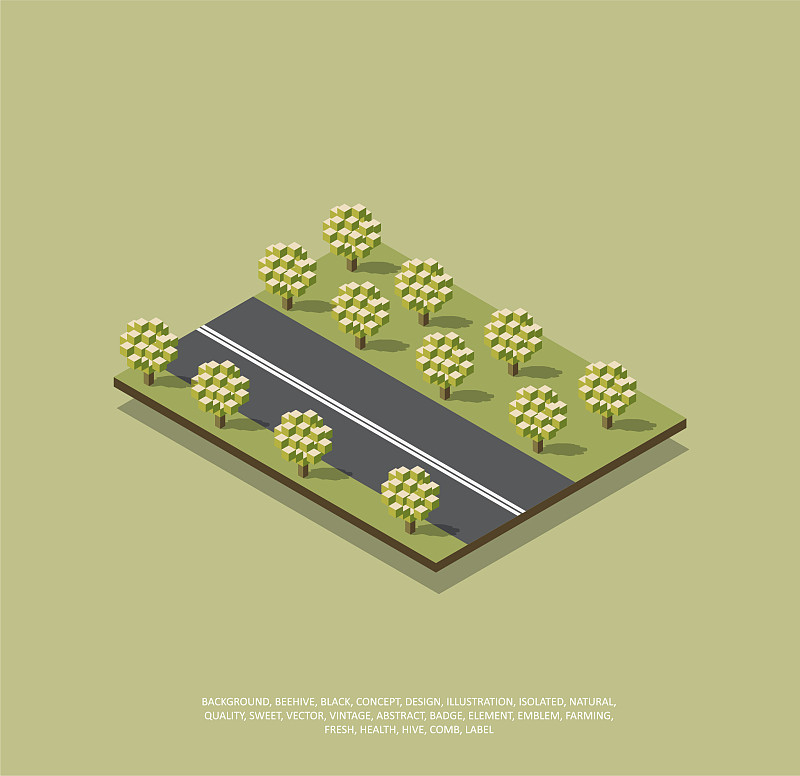 高速公路三维矢量图形等距图。概念旅游，道路附近有树和花园。向量的高速公路
